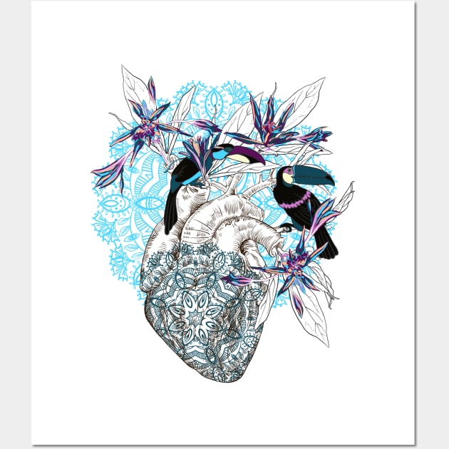 Human anatomical heart with flowers and two toucan birds Wall Art by Olga Berlet